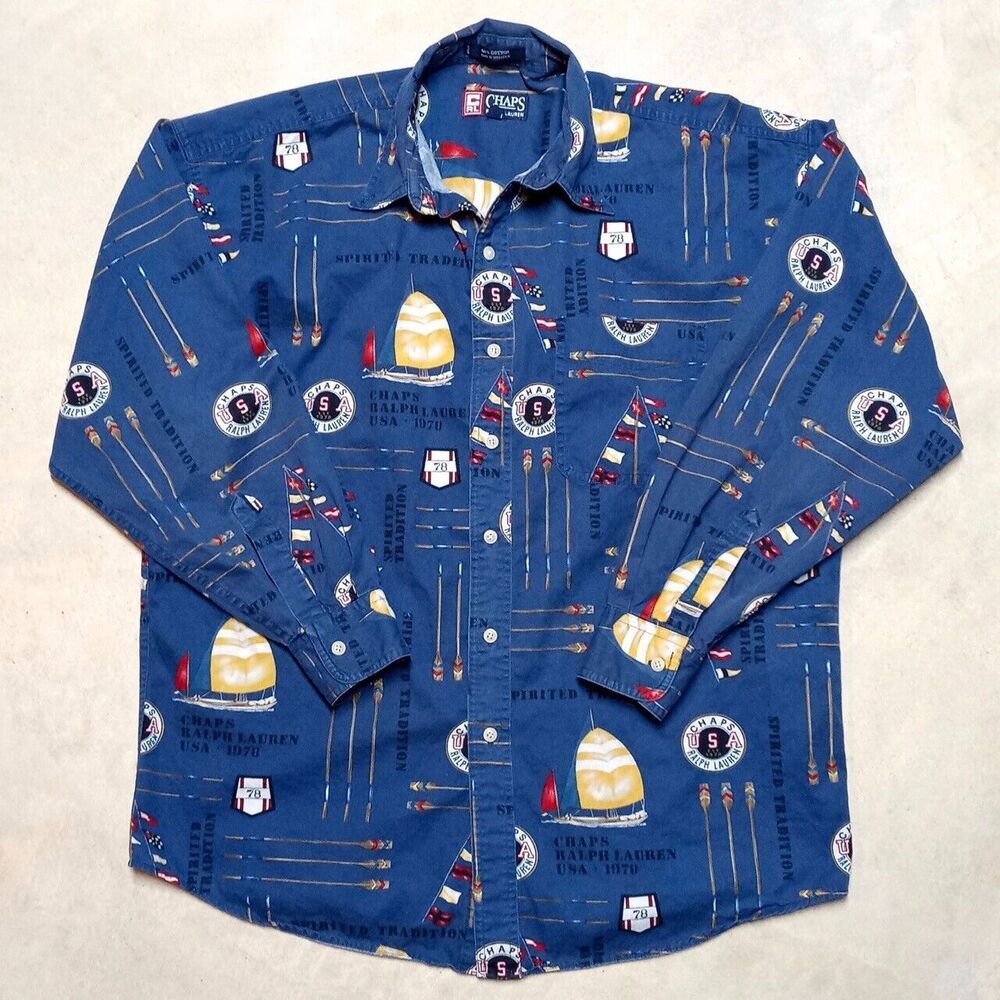 Vintage Chaps Ralph Lauren Sail Boat Yacht USA Flags Button Down Shirt Men Large